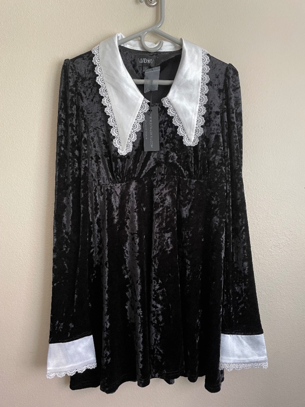 Widow Black Stretch Crushed Velvet Mini Babydoll Dress White Collar Dolls Kill